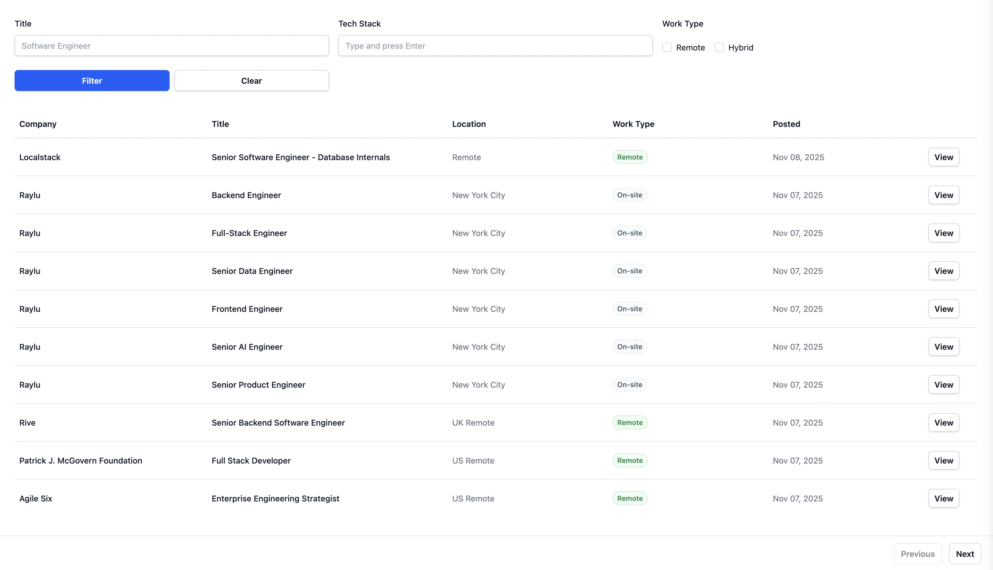 Job listings screenshot